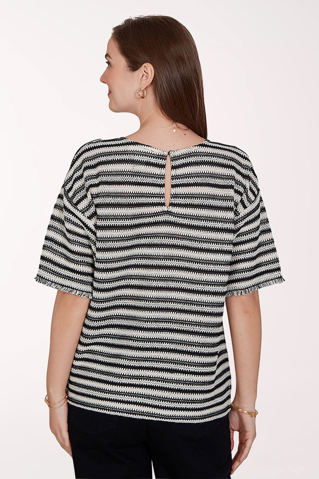 Tropical Noir Fringed Stripe Open Weave Top