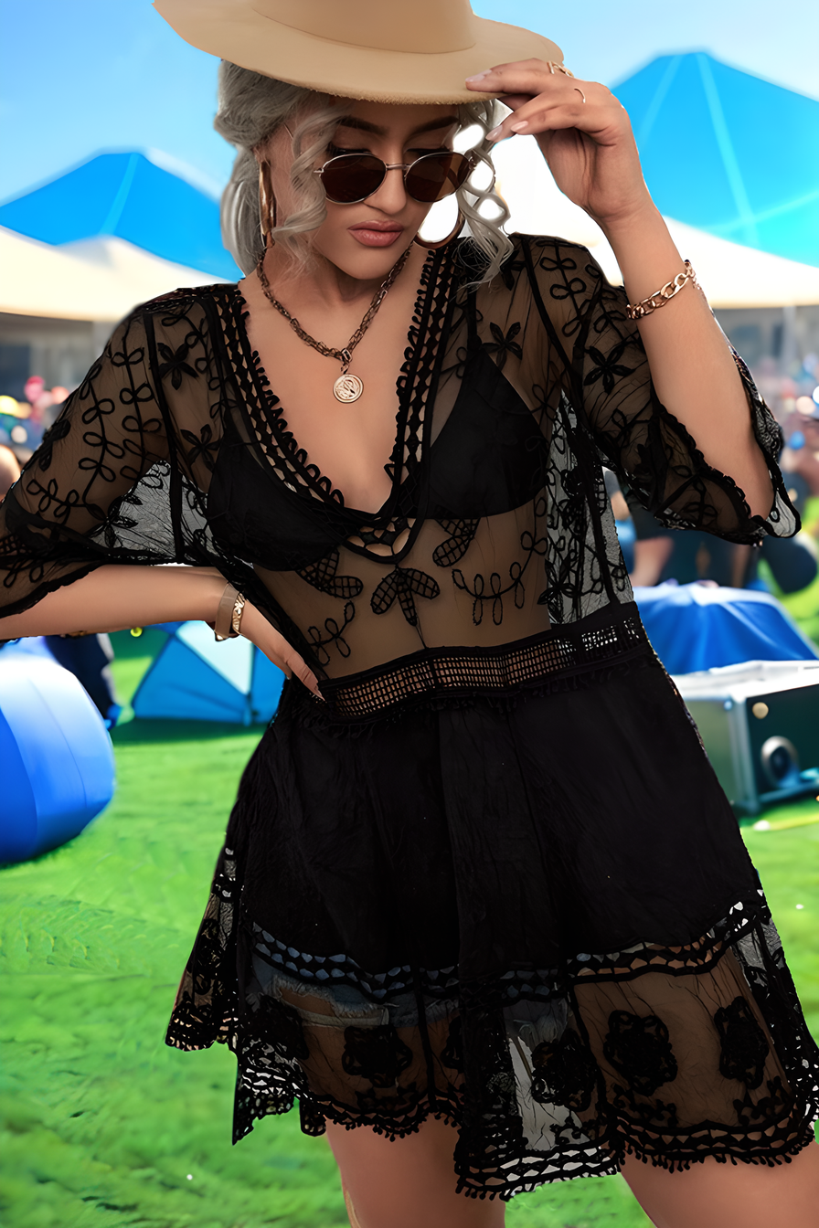 Coachella Dress Beach Blouse Lace Hollow Sunscreen Sexy Outfit