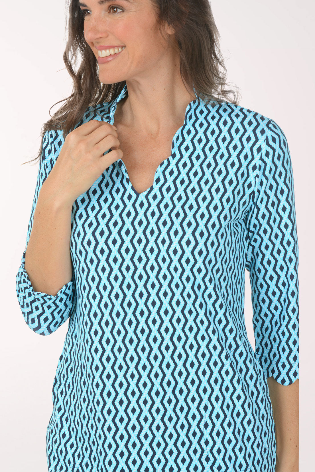 Turquoise Argyle Rope UPF50+ Scalloped Travel Dress
