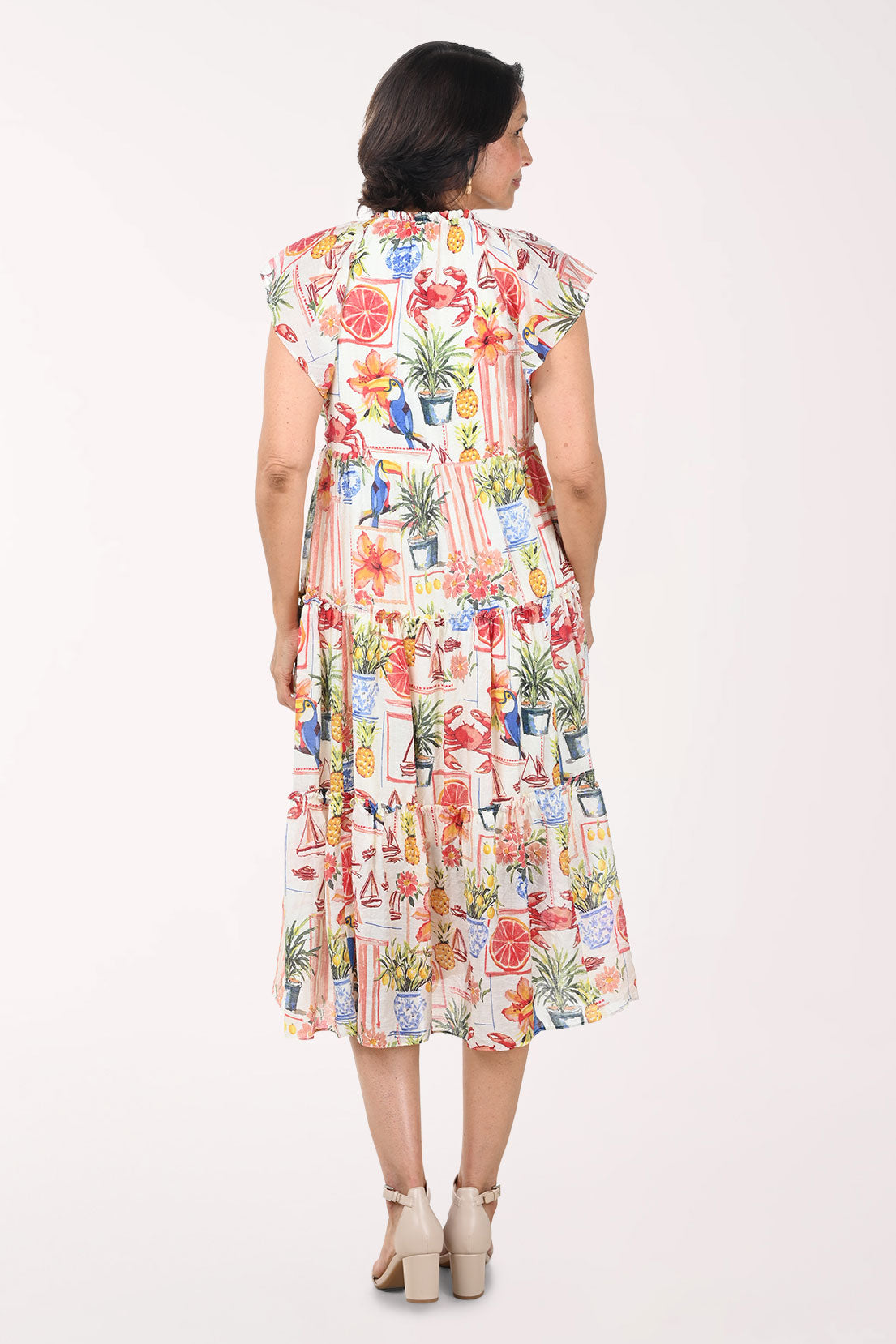 Tropical Citrus Flutter Sleeve Tiered Dress