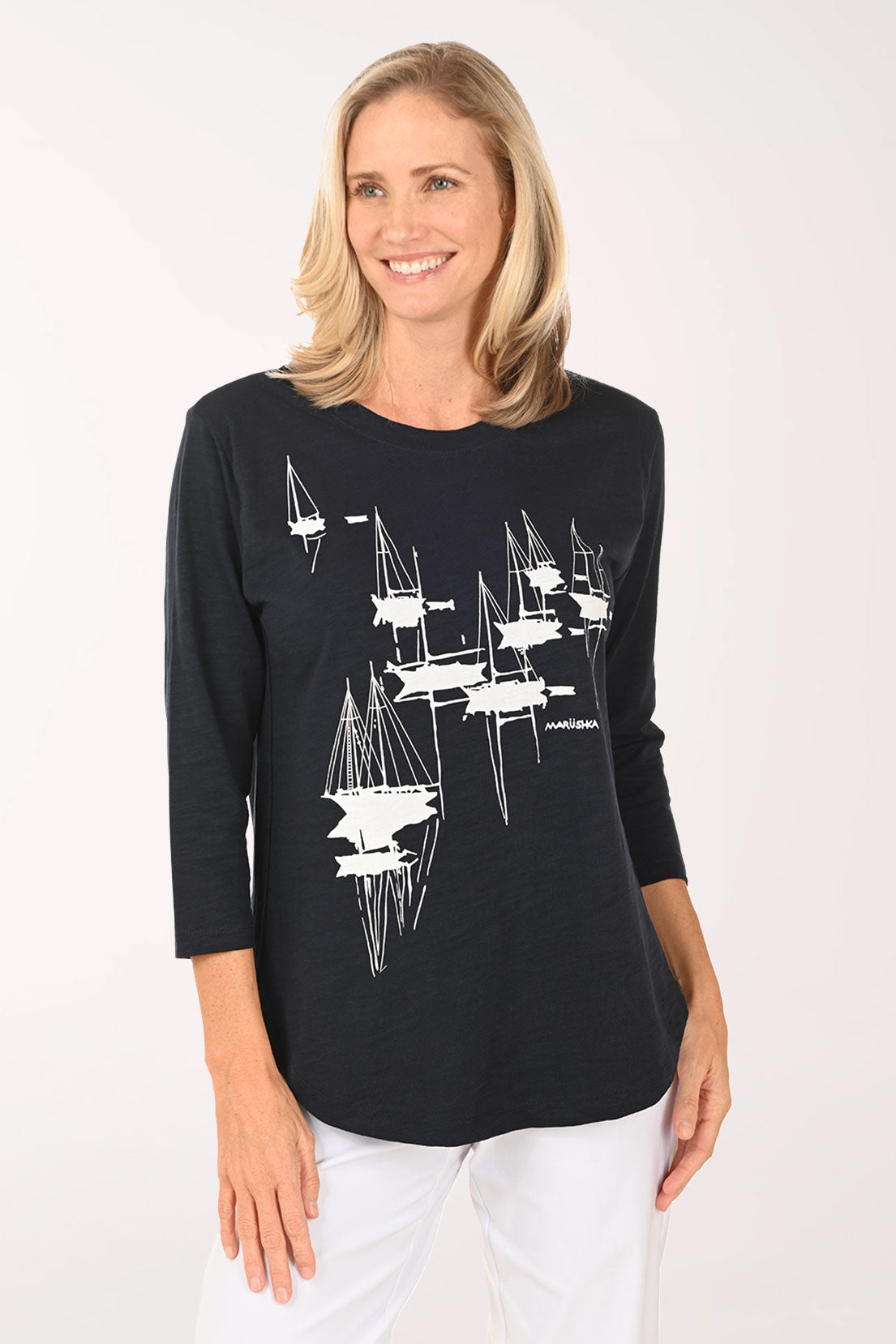 White And Navy Sailboats Cotton Tunic Top