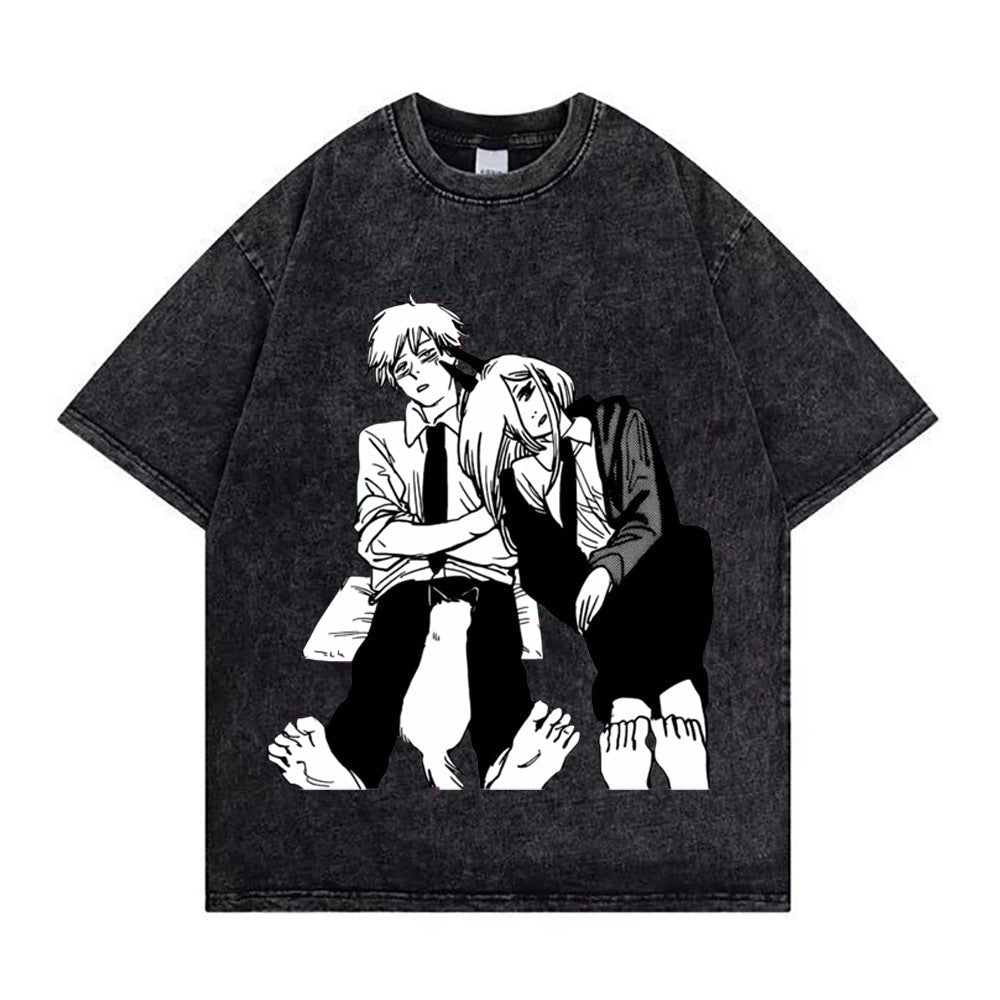 Chainsaw Man Washed Old Retro T-Shirt Street Casual Summer Short Sleeve