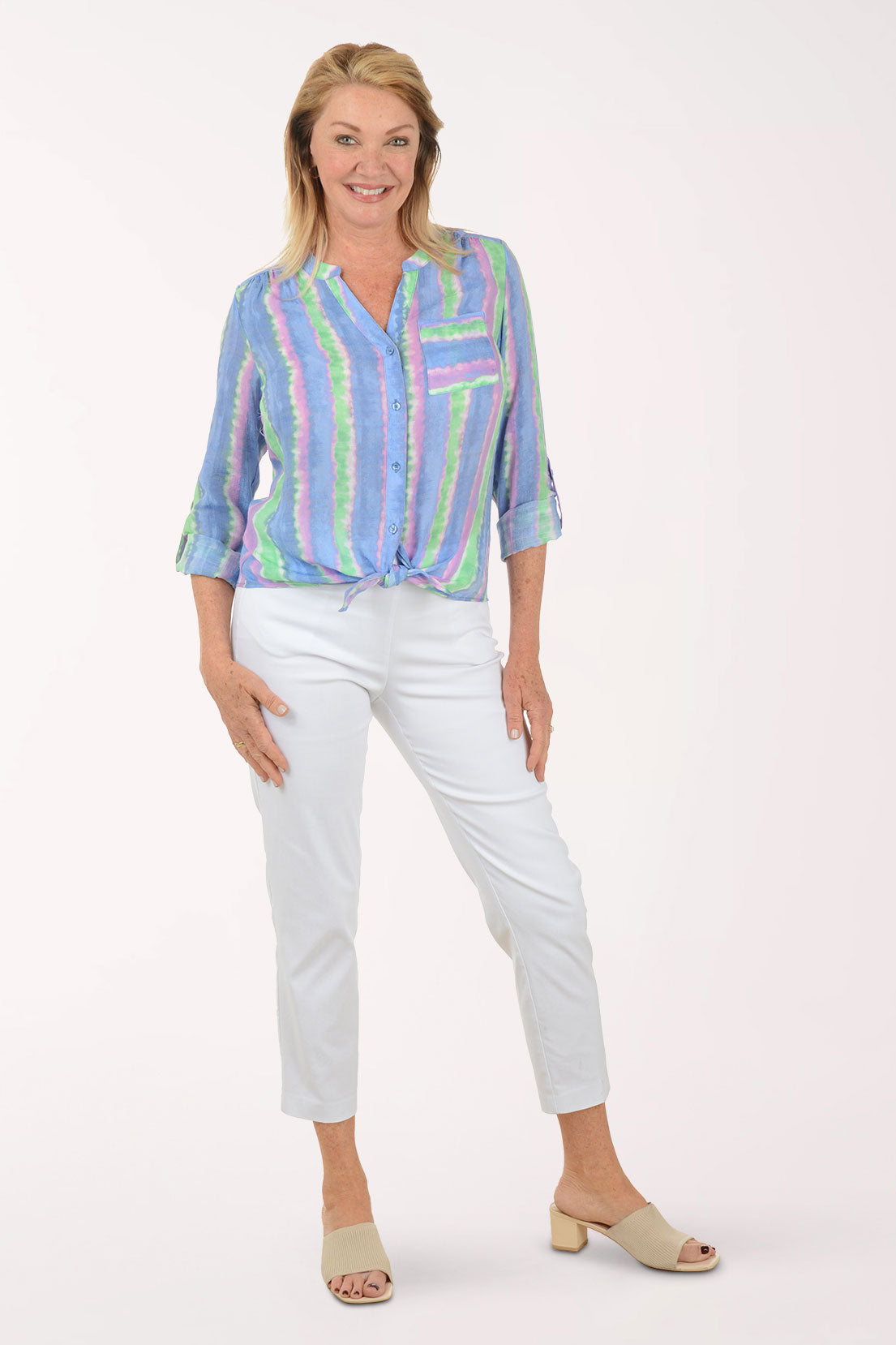 Violet Striped Button-Front Blouse