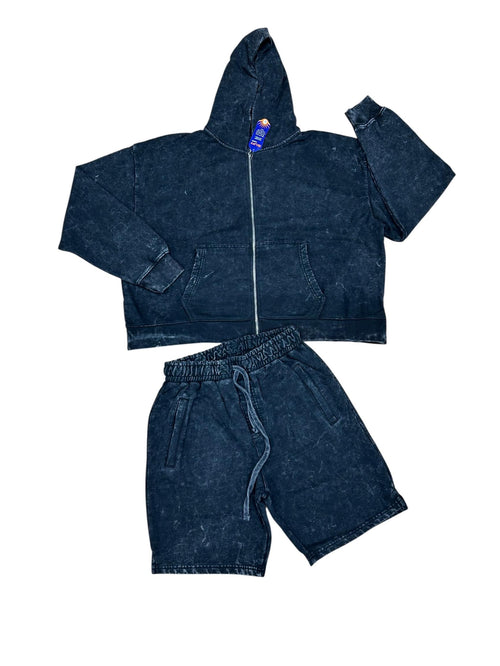 Men's Acid Wash Crop Zip Hoodies + Short Set