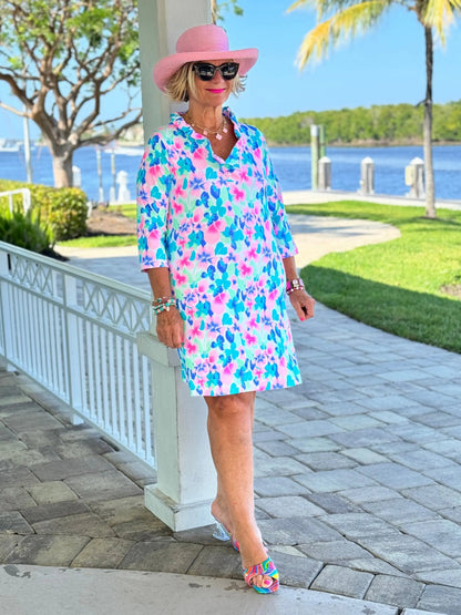 PINK PETALS RUFFLE NECK DRESS
