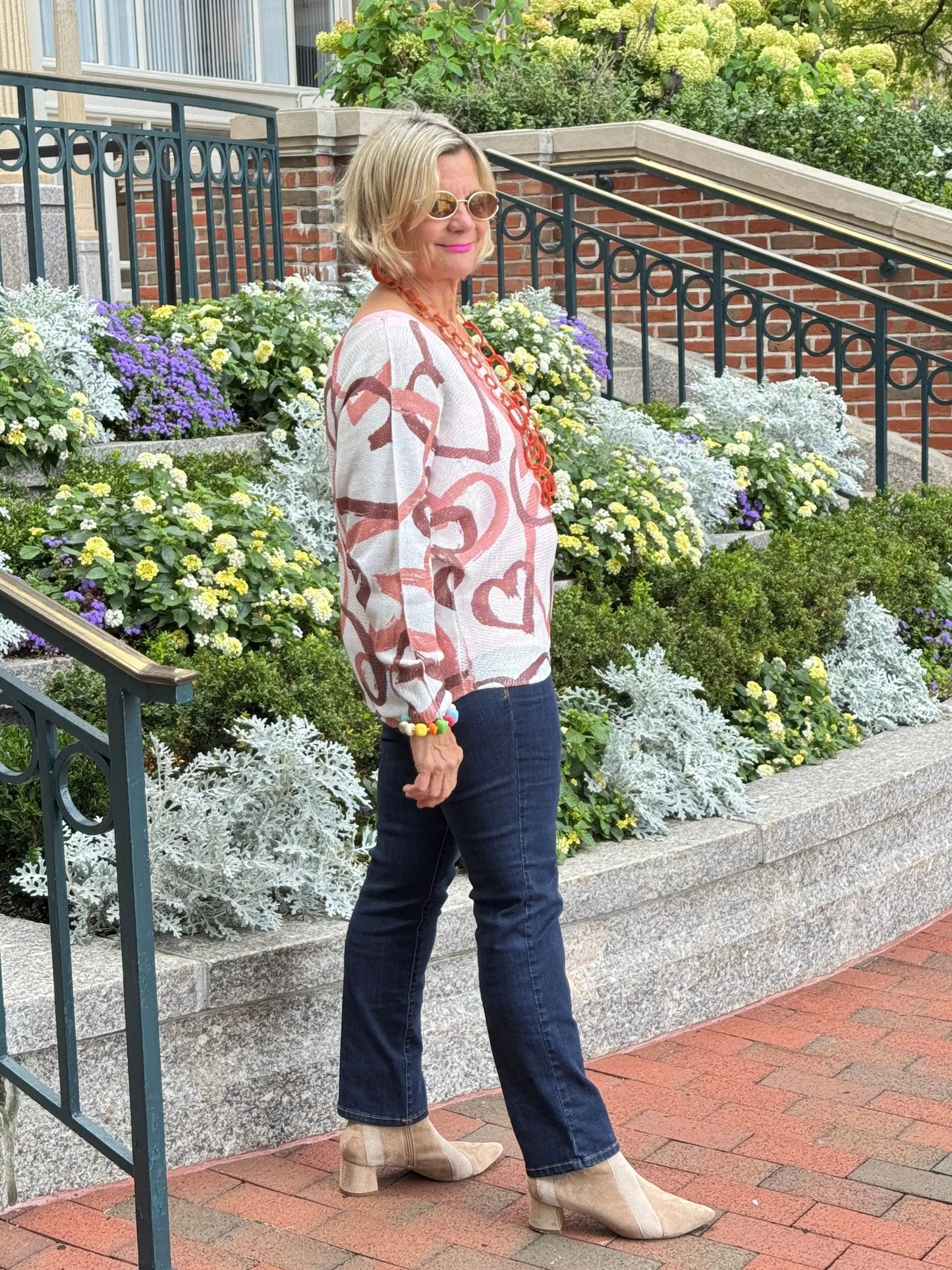 One Size Beige Heart Printed Knitted Sweater