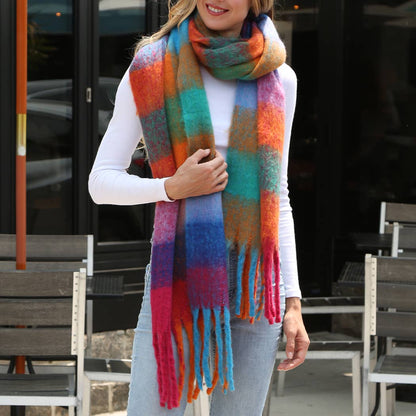 Multi-Color Plaid Oblong Scarf Shawl with Fringe