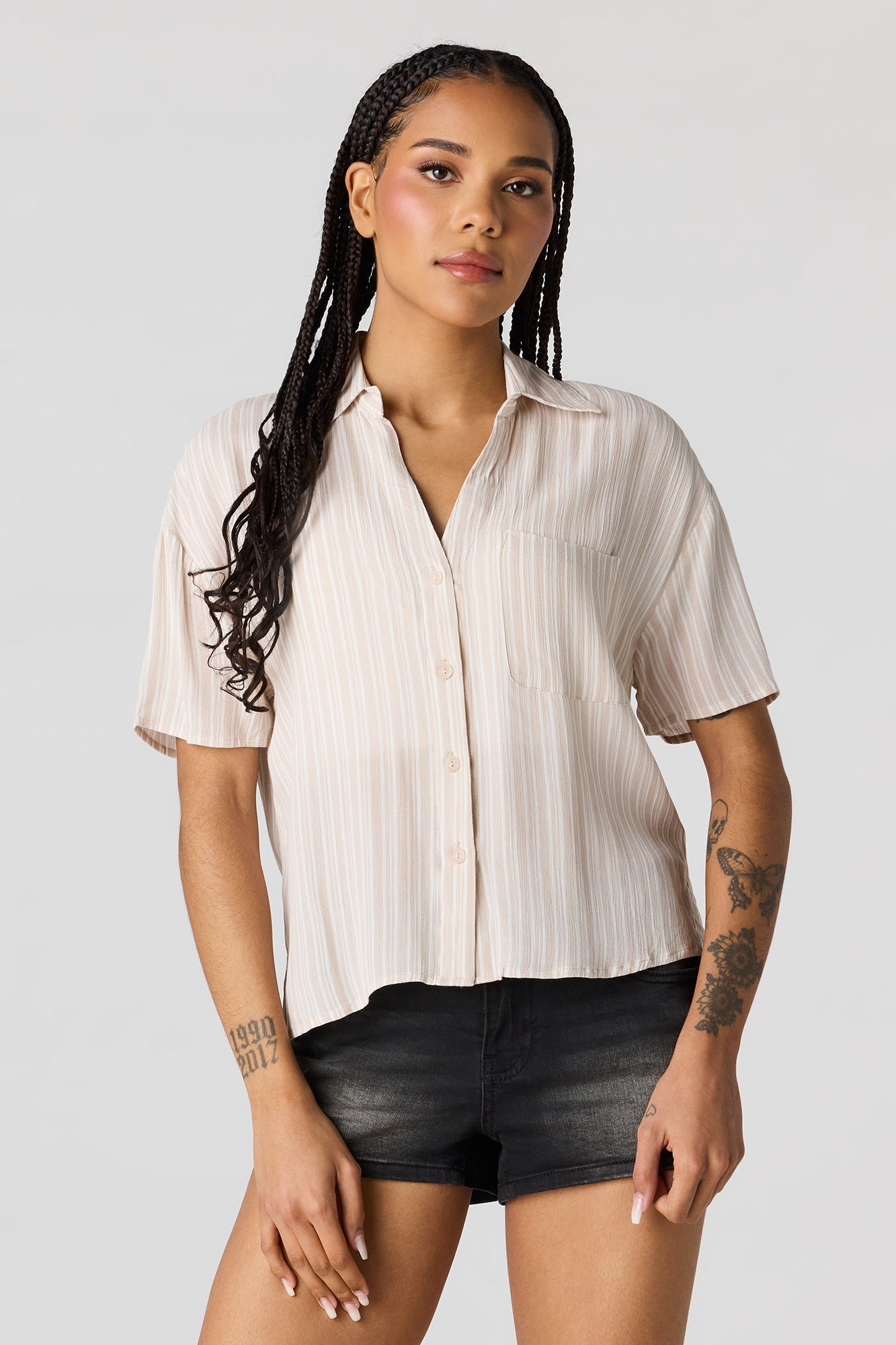 Textured Button-Up Short Sleeve Top