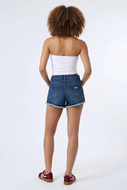 Ripped High Rise Dark Denim Short With Keychain