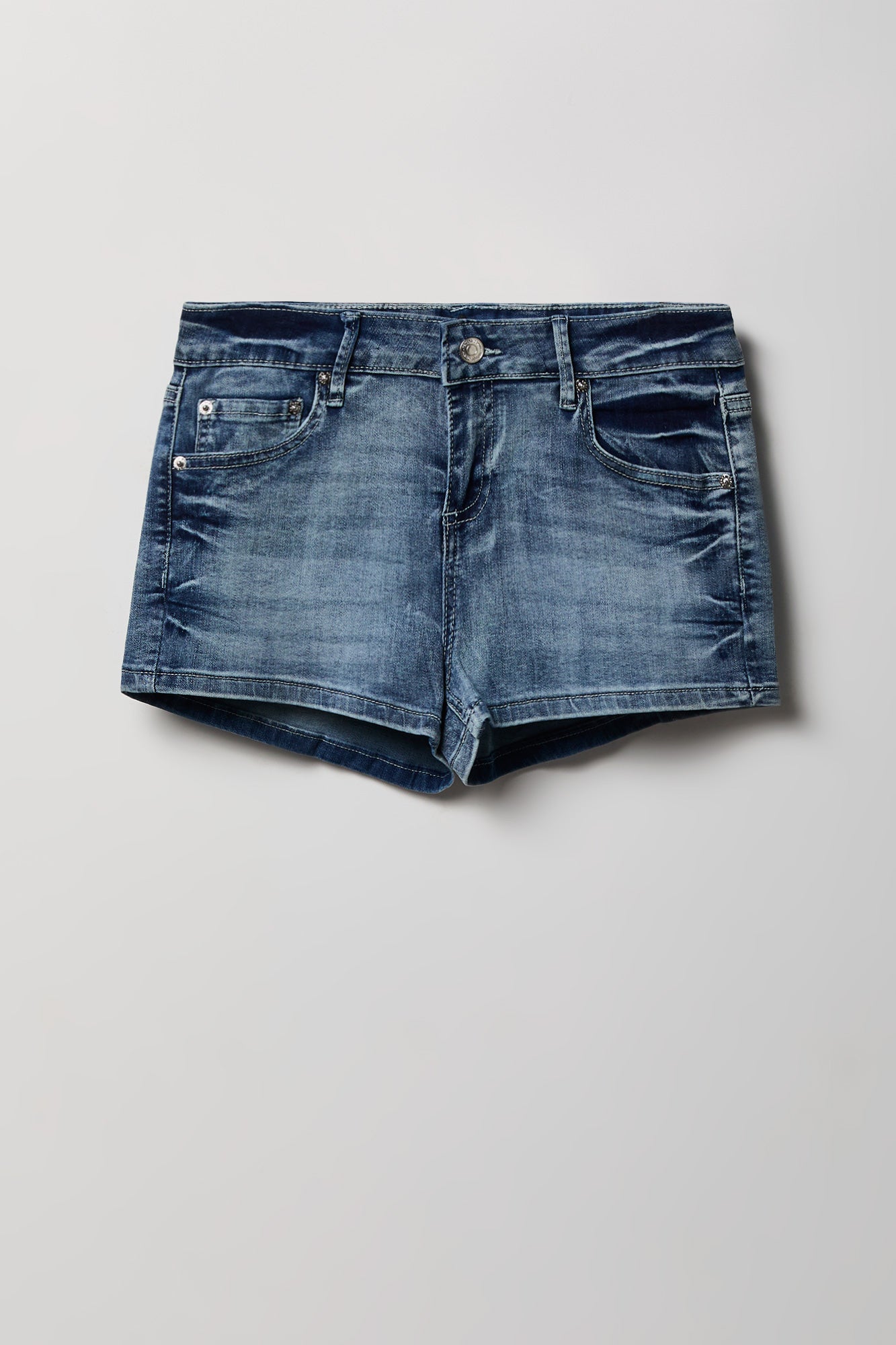 Stretch Mid Rise Rhinestone Detail Denim Short