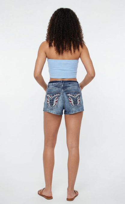 Stretch Mid Rise Rhinestone Detail Denim Short