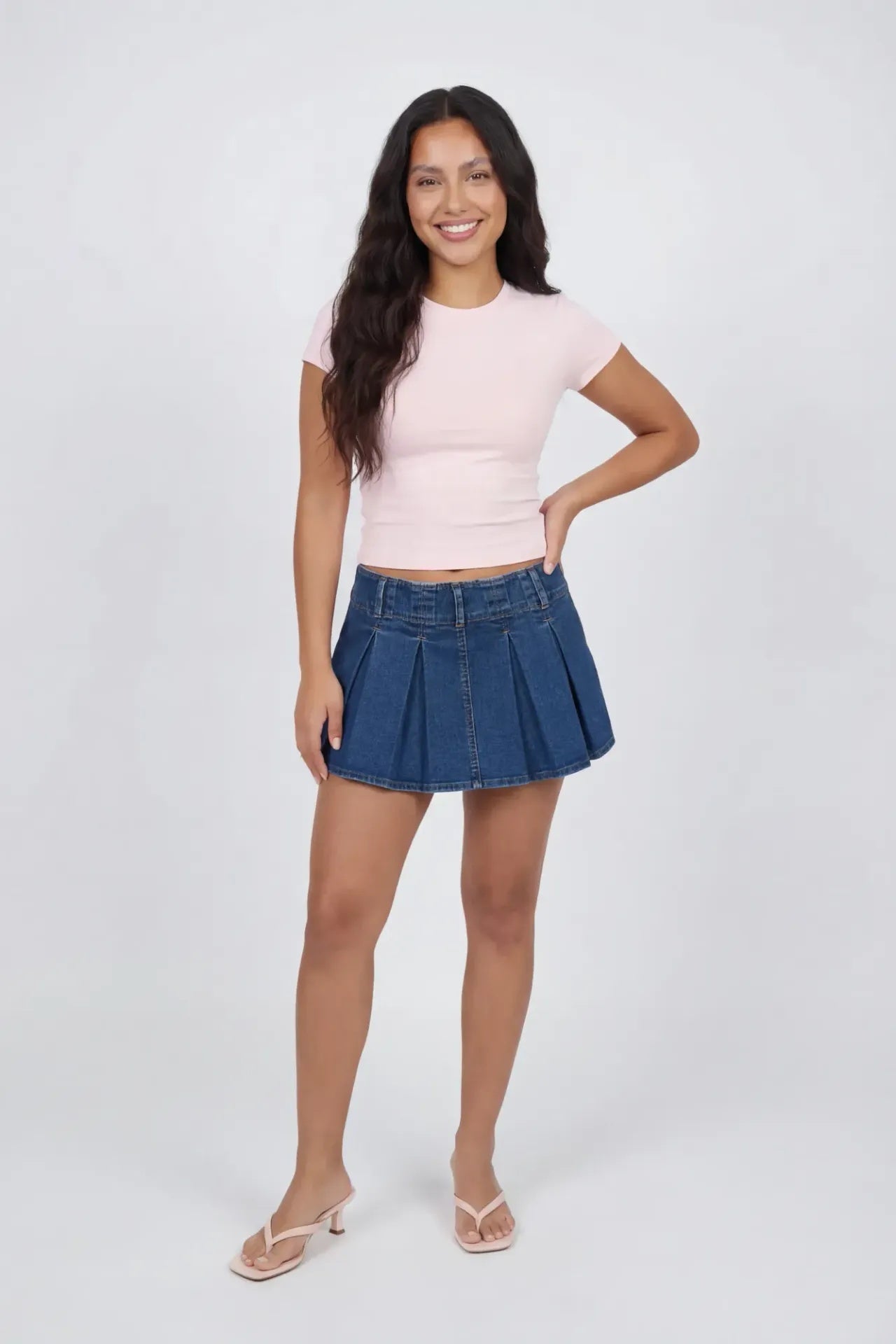 Pleated Denim Mini Skort
