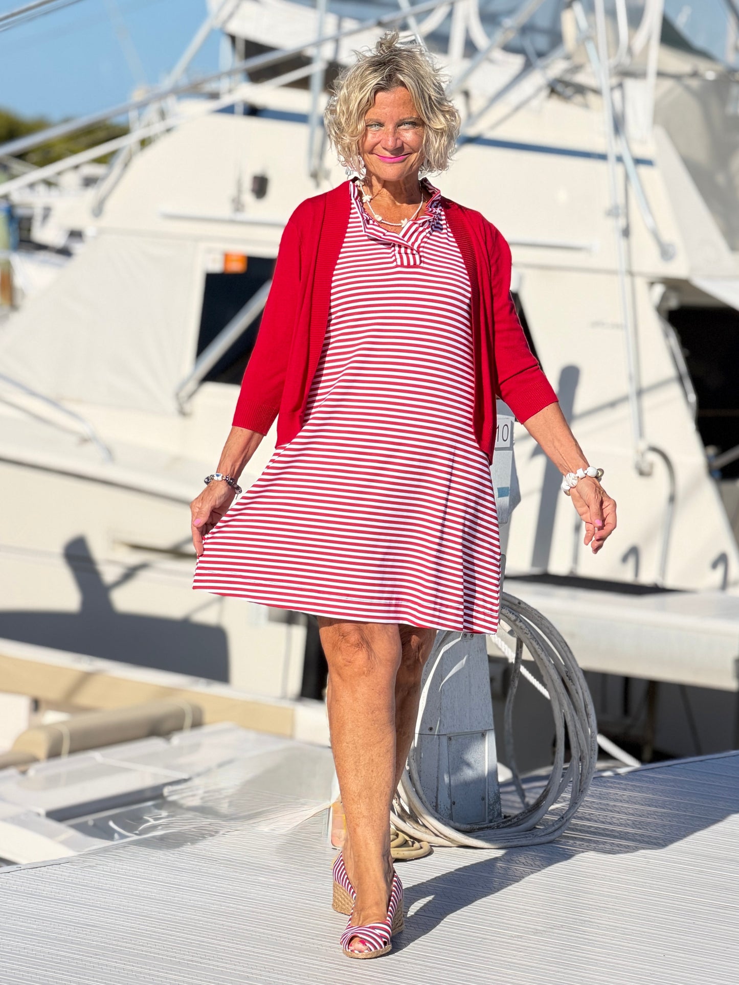 REGATTA RED STRIPE RUFFLE DRESS