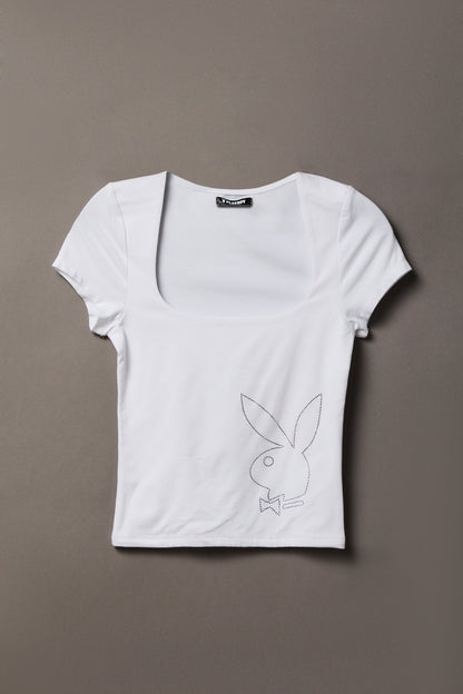 Soft Contour Playboy Rhinestone Square Neck T-Shirt
