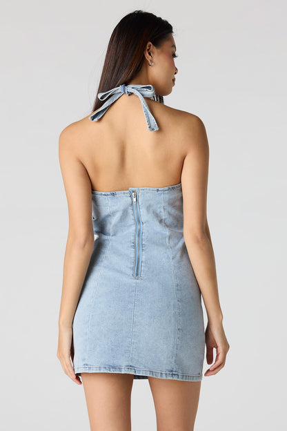 Stretch Denim Halter Mini Dress