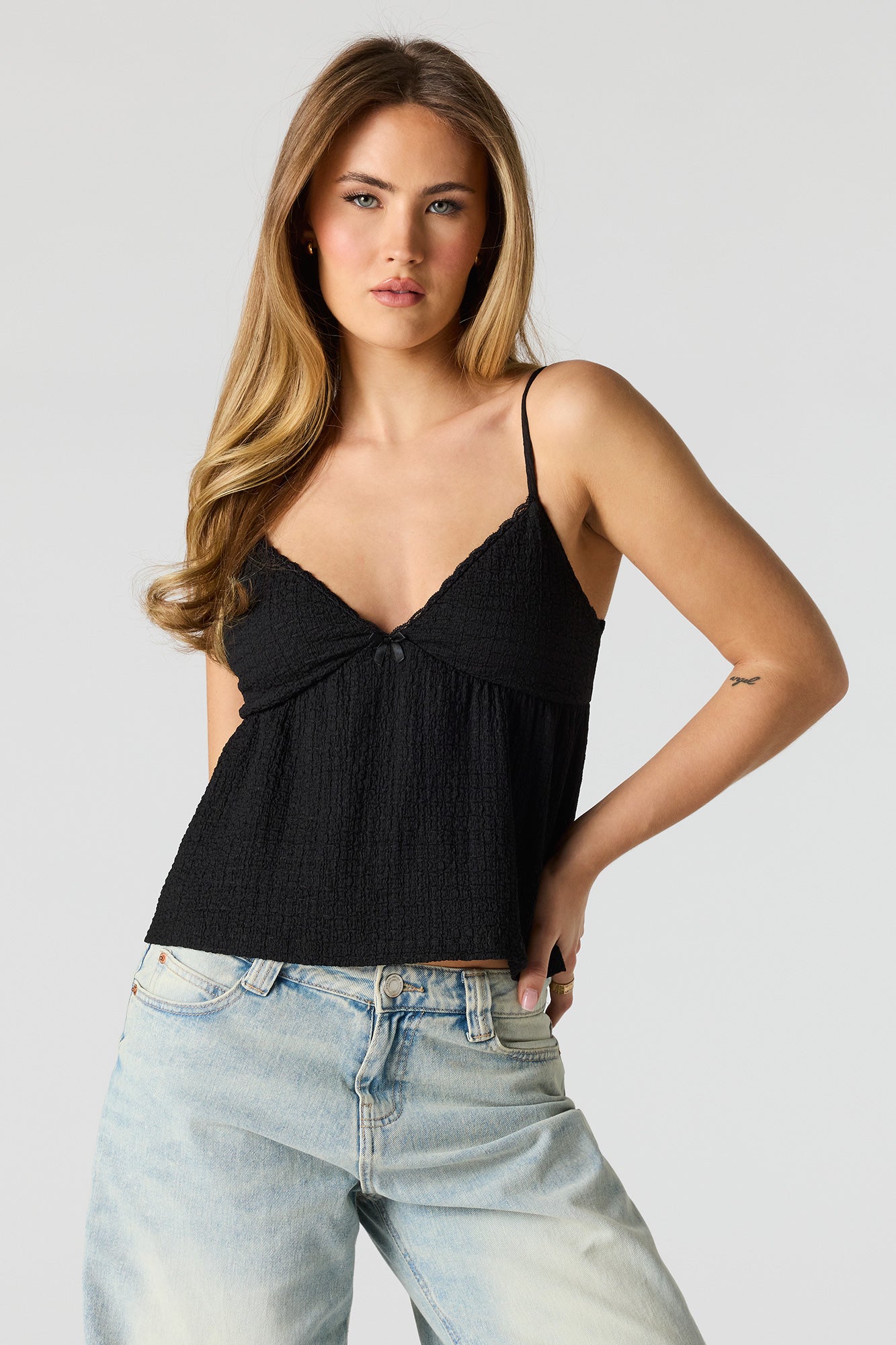 Textured V-Neck Babydoll Tank