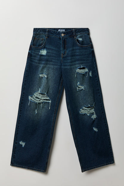 London Ripped Low Rise Super Baggy Dark Jean
