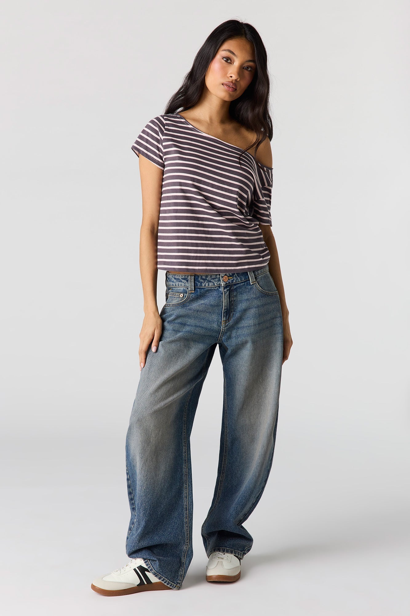 Striped Off Shoulder Boxy T-Shirt