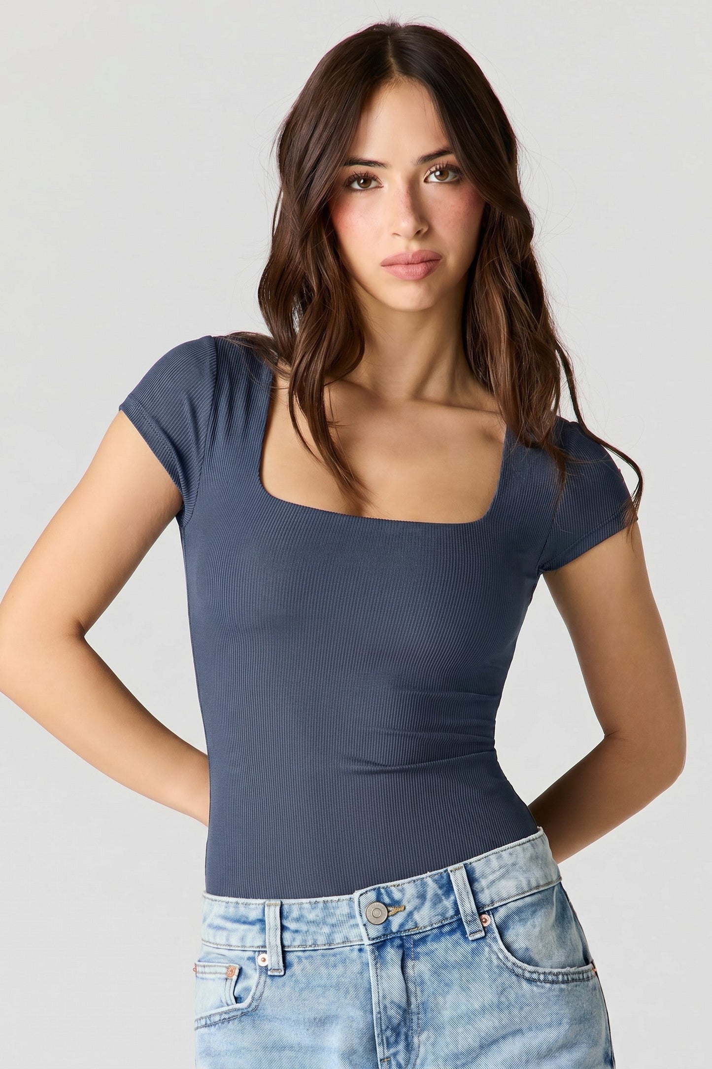 Contour Ribbed Square Neck Short Sleeve Bodysuit