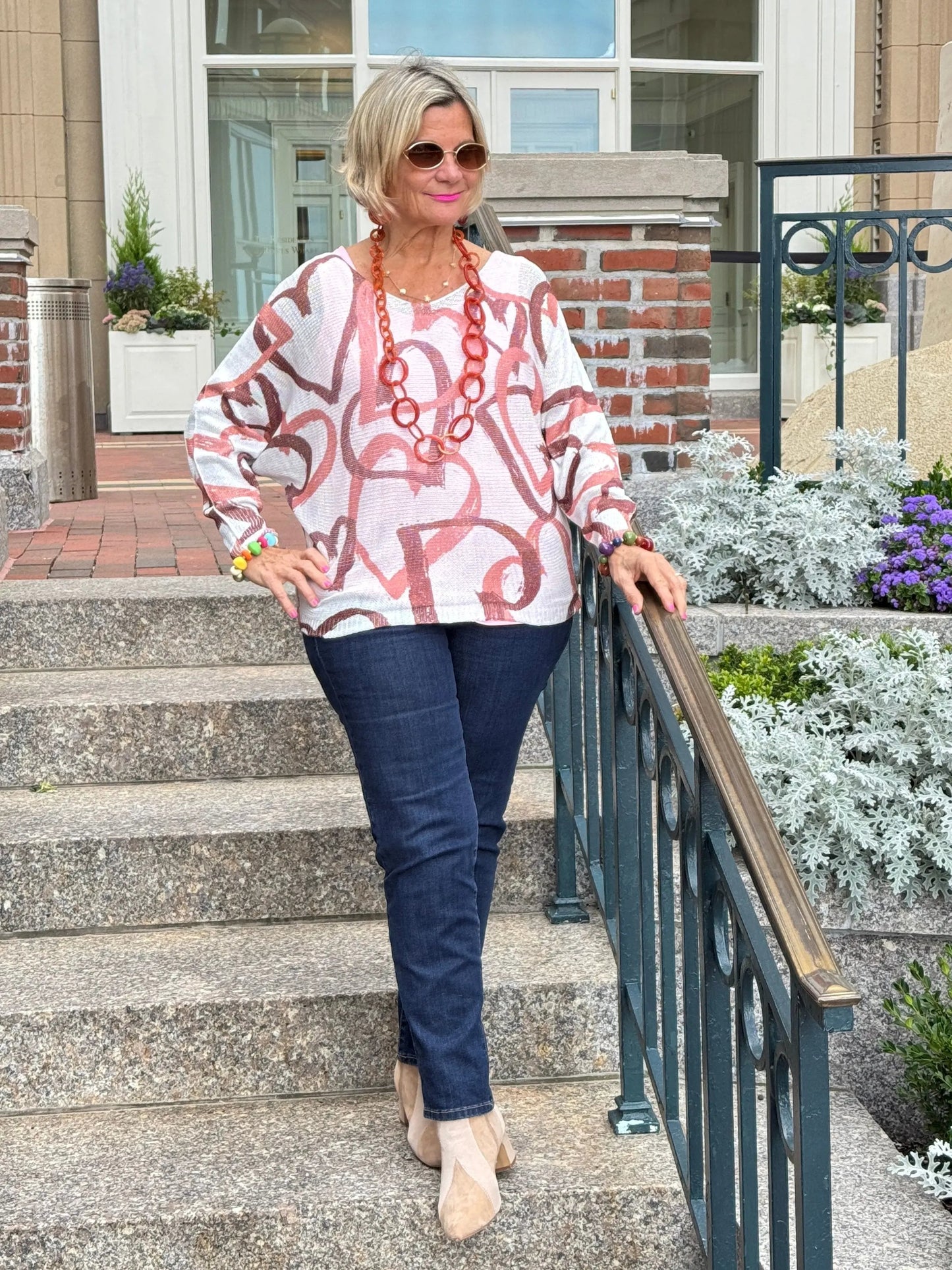 One Size Beige Heart Printed Knitted Sweater