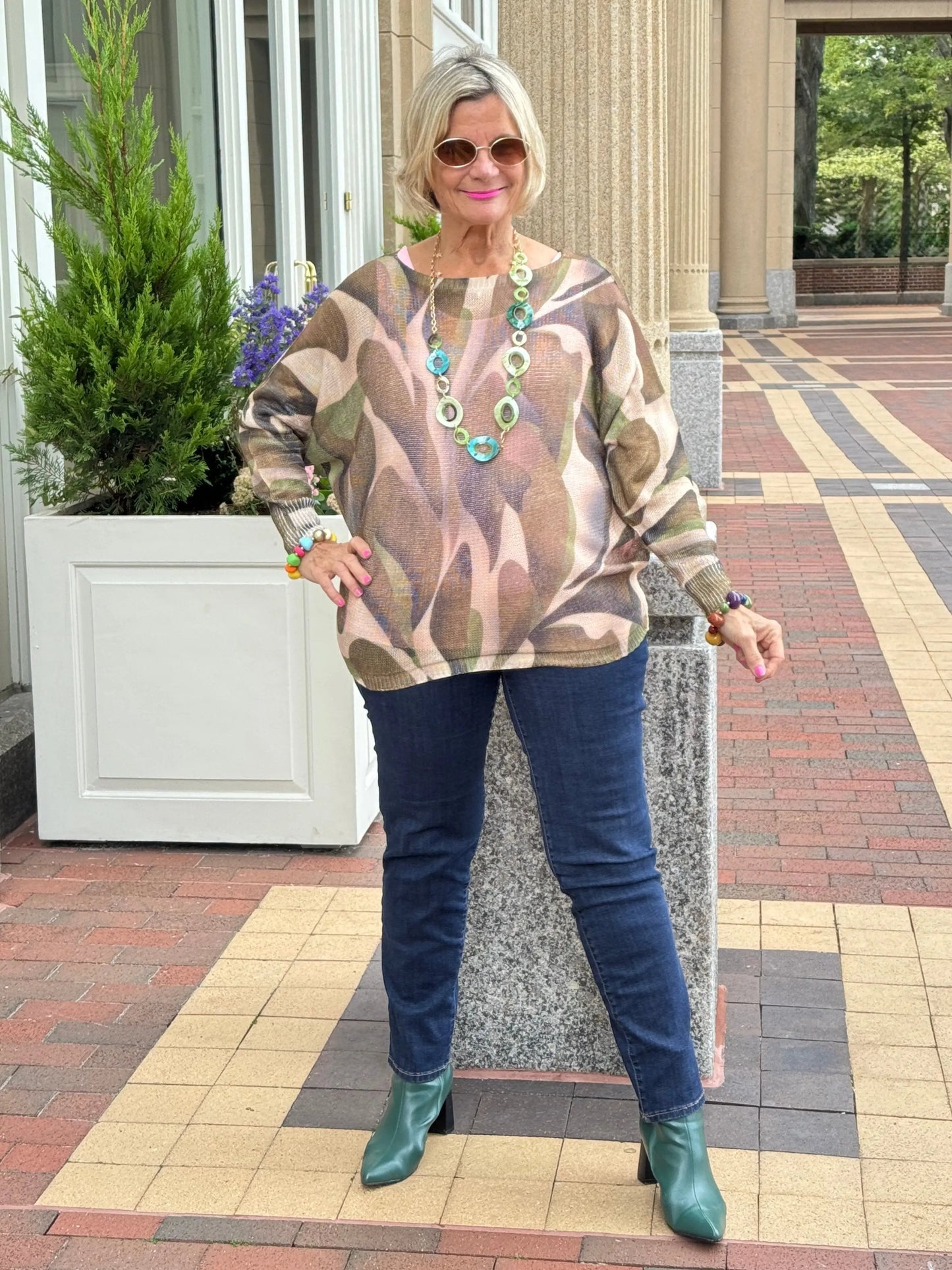 Olive Abstract Round Neck Knit Printed Sweater