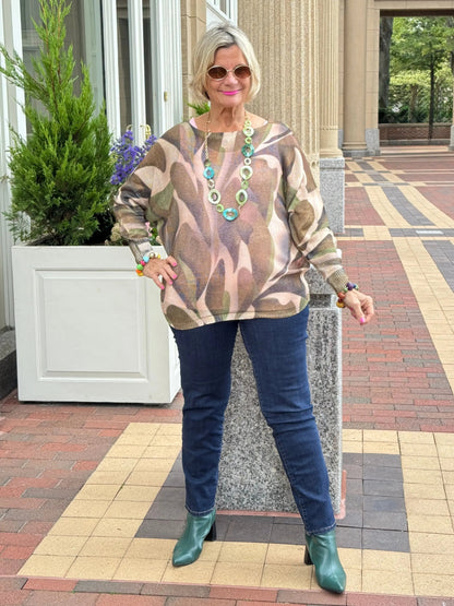 Olive Abstract Round Neck Knit Printed Sweater