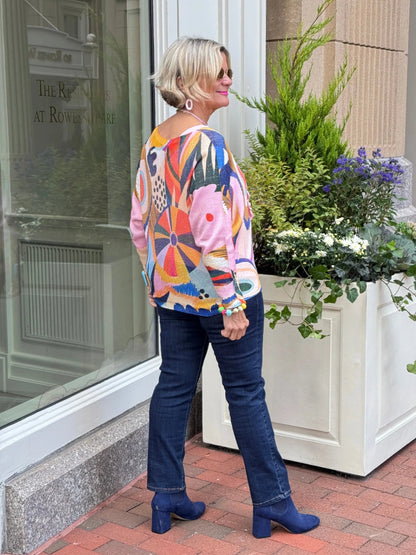 Multicolor Abstract  Round Knit Printed Sweater