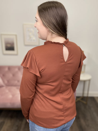 Ruffle Women's Ribbed Long Sleeve Top