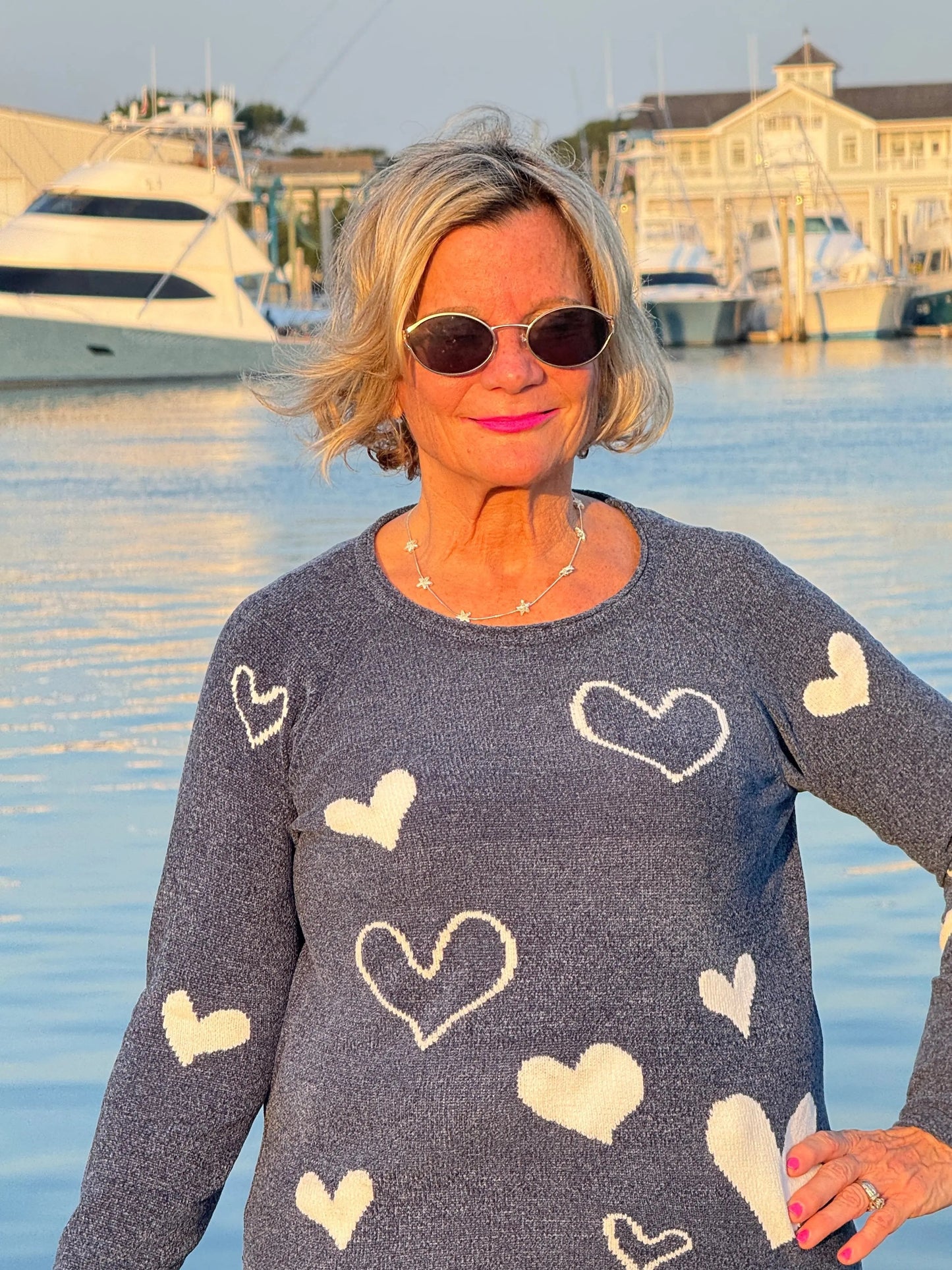 NAVY HEART CHENILLE SWEATER