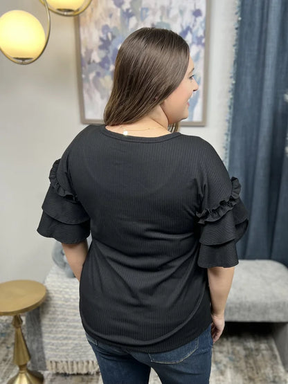 Look Inside You Women's Ribbed Ruffle Short Sleeve Top