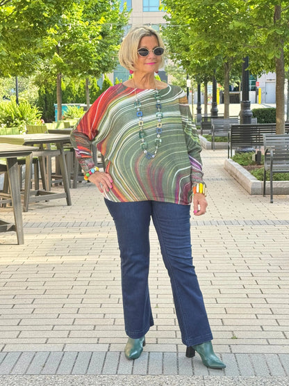 OLIVE Wavy Round Neck Knit Printed Sweater