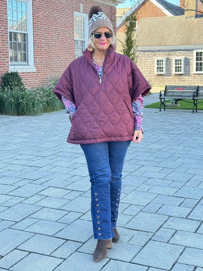 Quilted Short Sleeves Puffer Pullover Poncho Burgundy