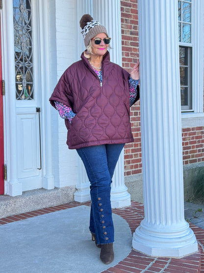 Quilted Short Sleeves Puffer Pullover Poncho Burgundy