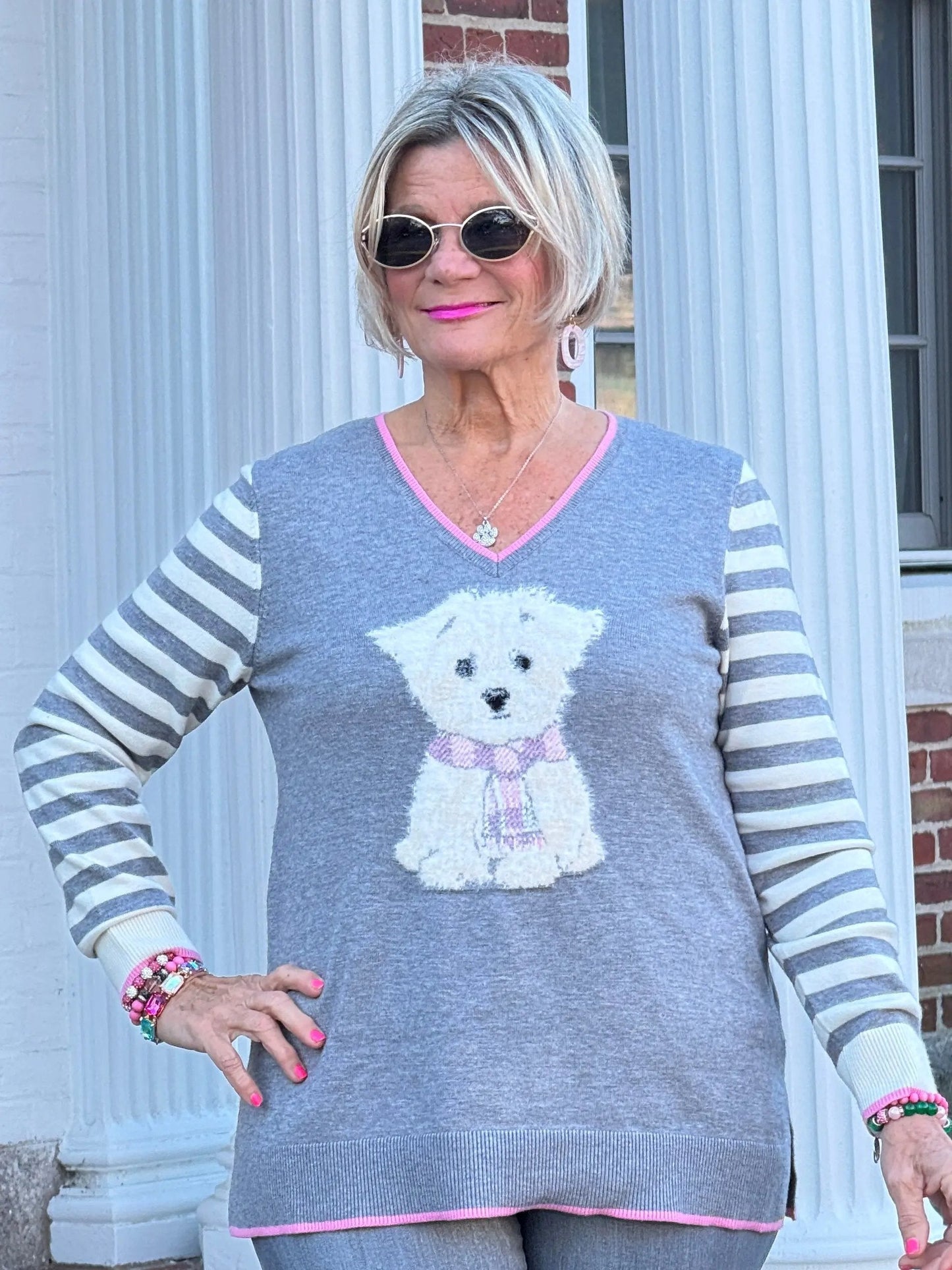 Maltese Puppy Striped Sleeve Sweater