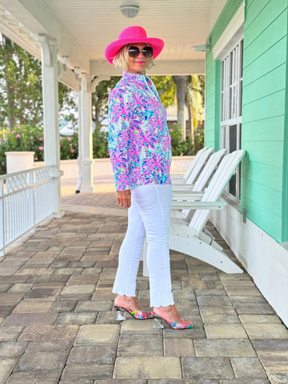 PINK PALM TREE ZIPPER TOP