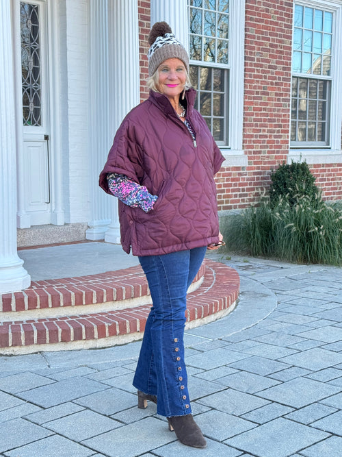 Quilted Short Sleeves Puffer Pullover Poncho Burgundy