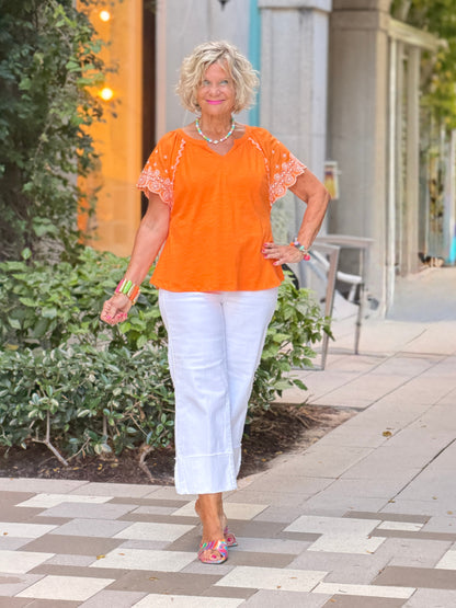 ORANGE FLORAL EMBOIDERY TOP