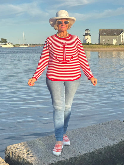 RED AND WHITE STRIPE ANCHOR SWEATER