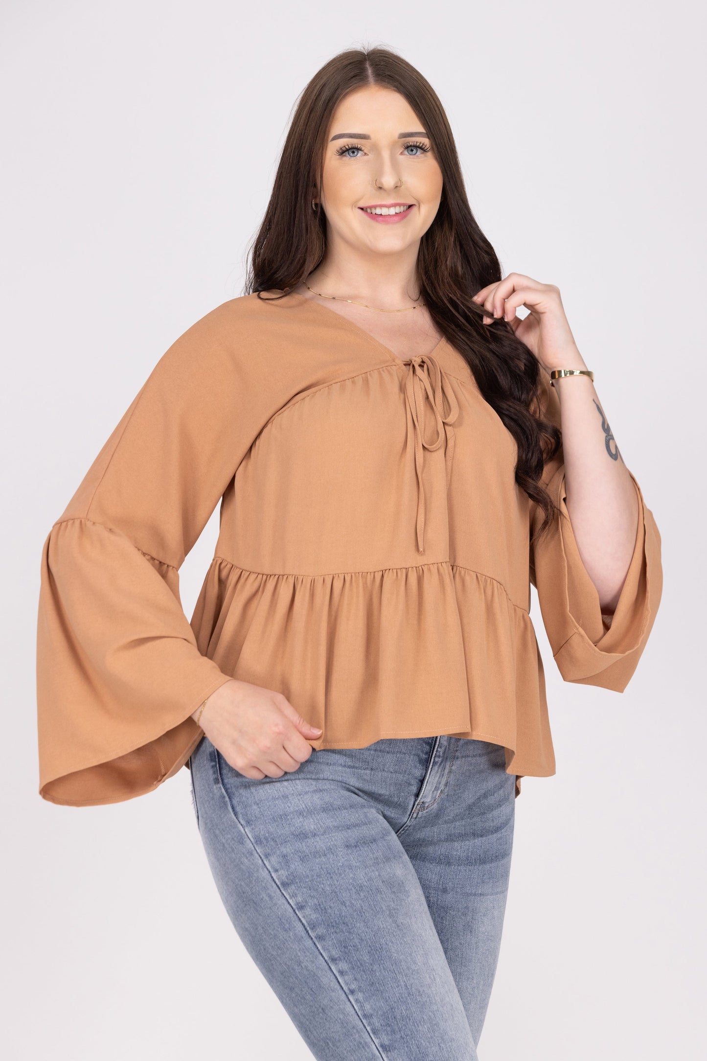 Megan's Women's Tiered Bodice Bell Sleeves Blouse Top