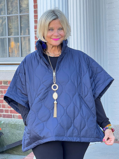 Quilted Short Sleeves Puffer Pullover Poncho Navy