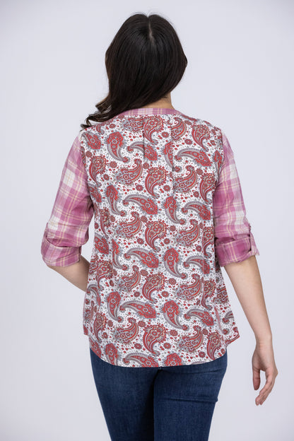 Pretty Coming And Going Women's Embroidered Button Tab Roll Sleeve Top