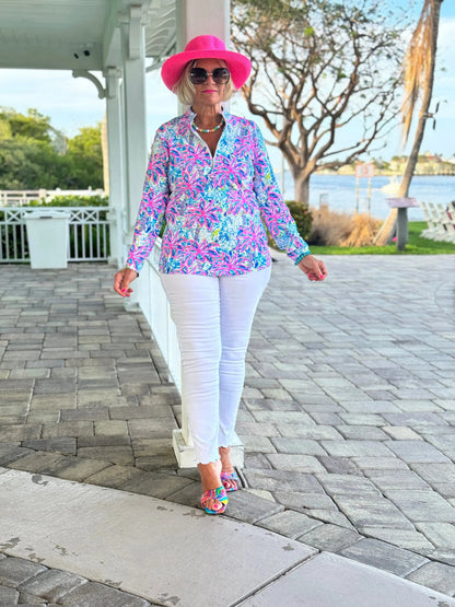 PINK PALM TREE ZIPPER TOP
