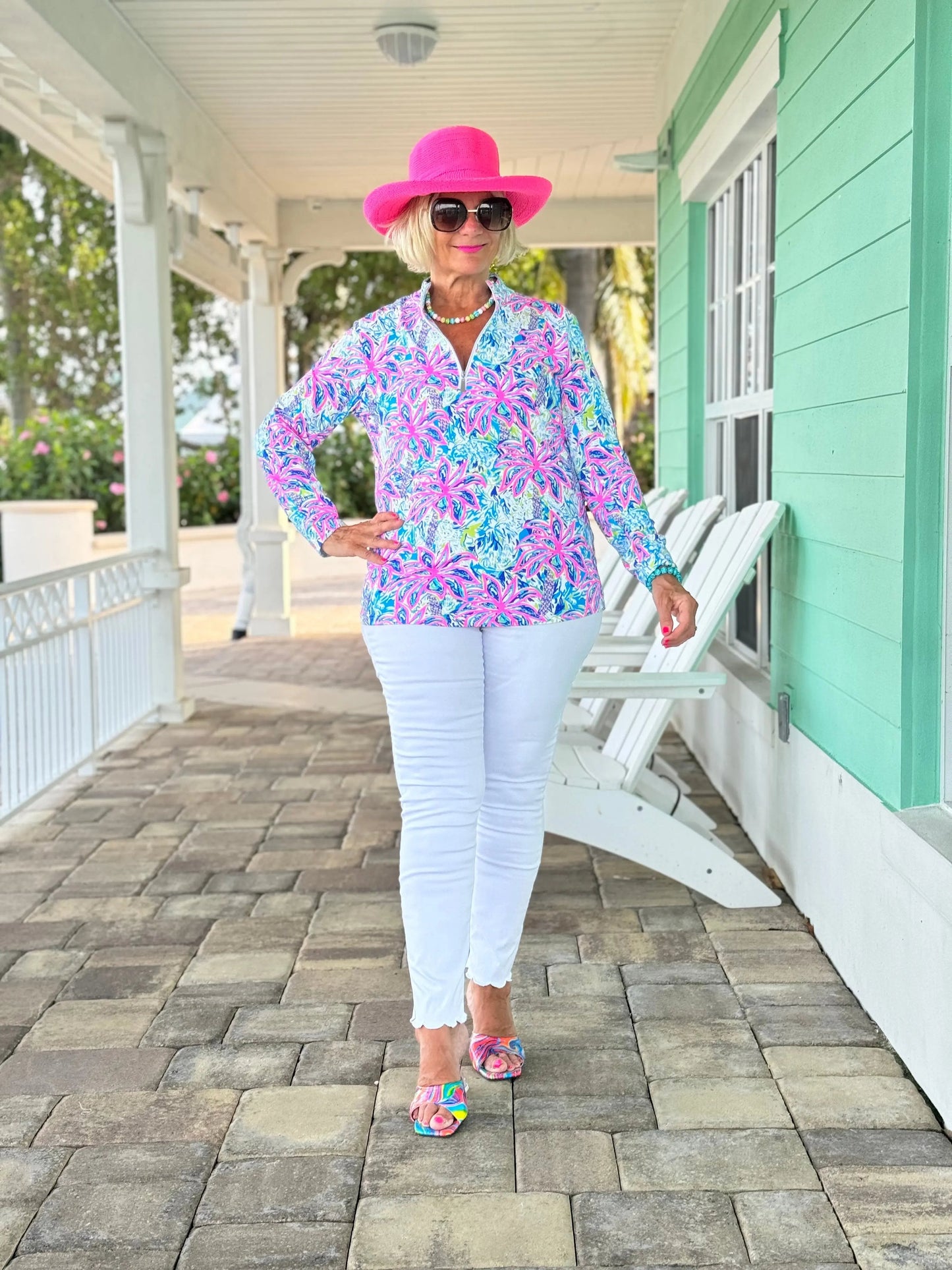 PINK PALM TREE ZIPPER TOP