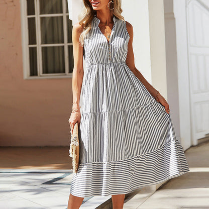 Beth Dutton Wardrobe Summer Stripes V-neck Sleeveless Dress