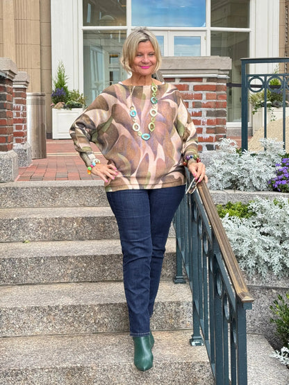 Olive Abstract Round Neck Knit Printed Sweater