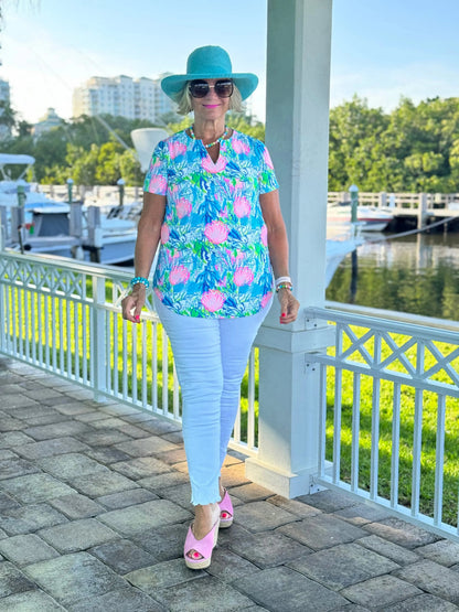 SEASHELL PINK AND BLUE SHORT SLEEVE