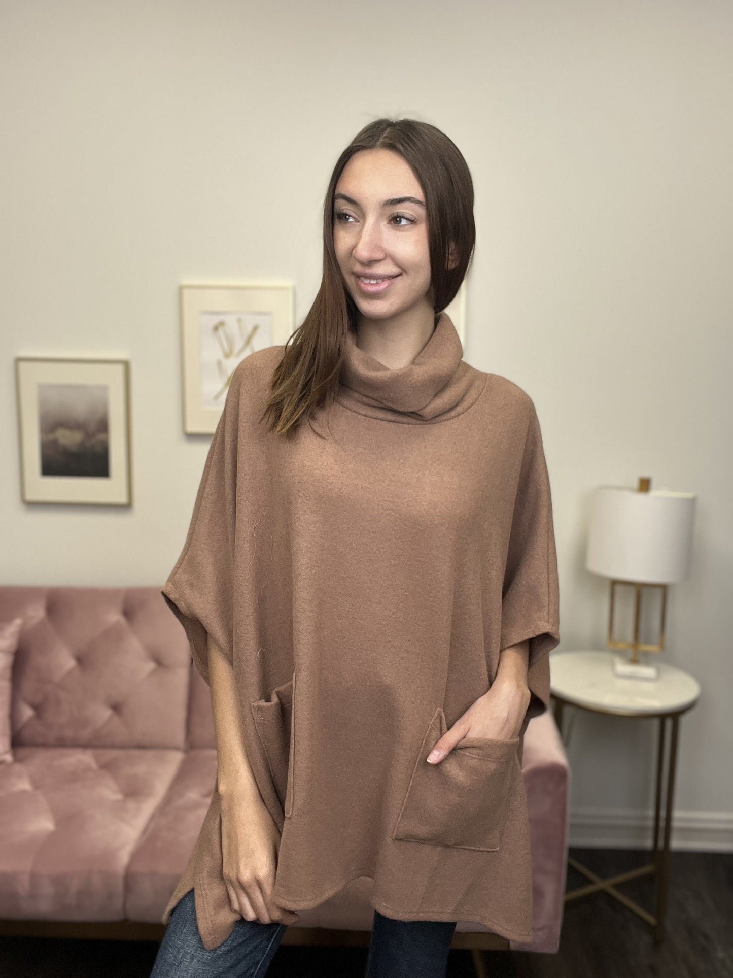Minutes Before Women's Cowl Neck Front Pocket Short Sleeve Top
