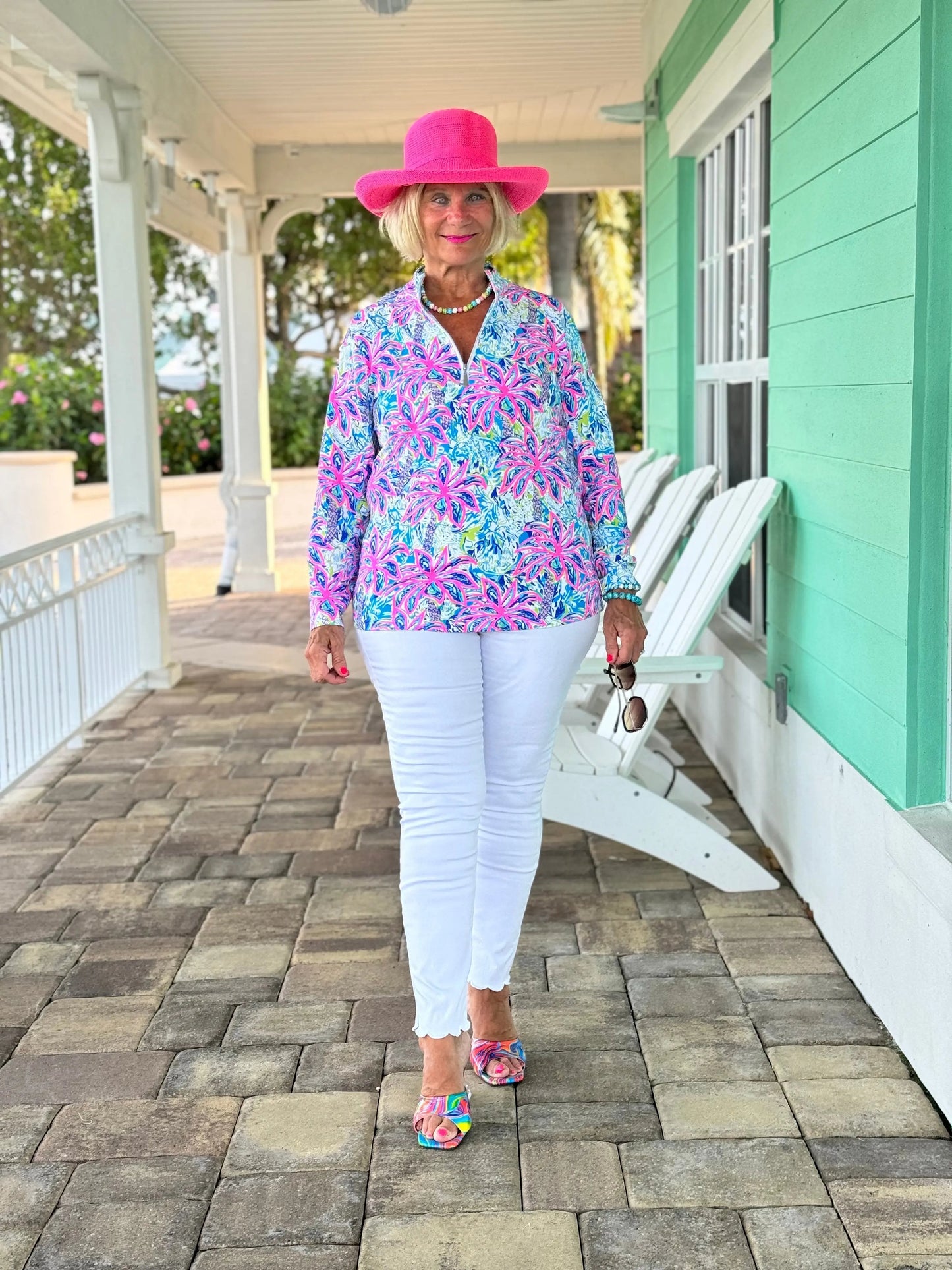 PINK PALM TREE ZIPPER TOP