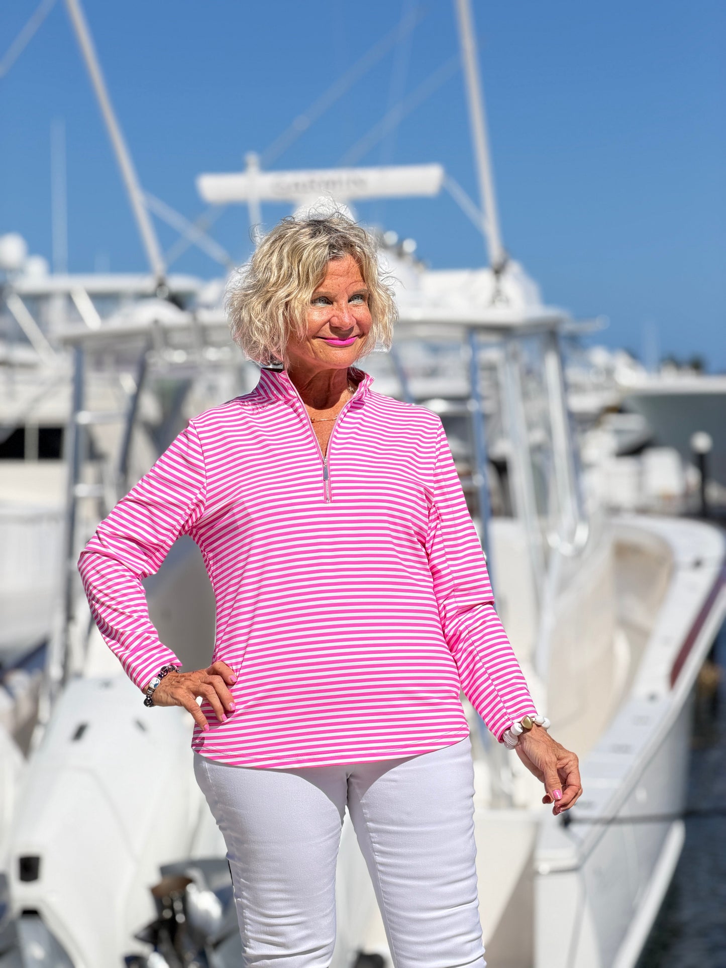 MARINA PINK STRIPE HALF ZIPPPER