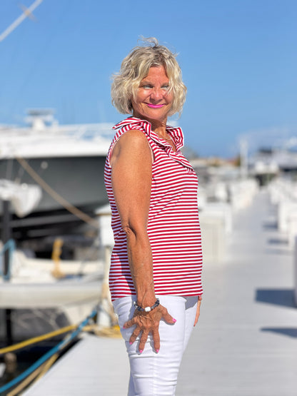 REGATTA RED STRIPE SLEEVELESS RUFFLE TOP